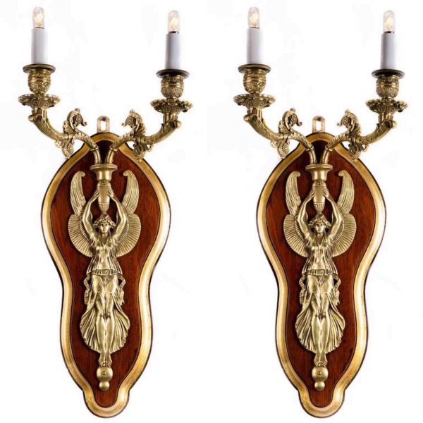 Pair of French Figural Sconces Two-light Bronze Victory on Mahogany Napoleon III