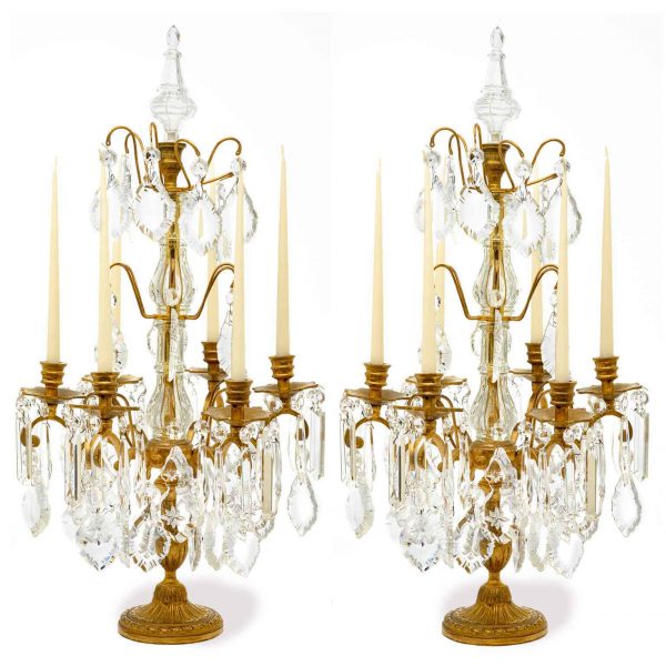 Pair of French Crystal Brass Candelabra French Candleholders