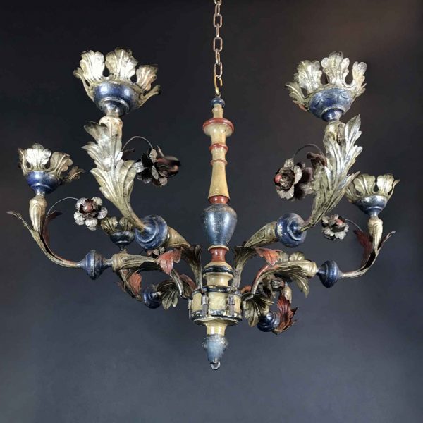 18th Century Italian Tole and Wood Chandelier Silver Blue Red Candle Holder