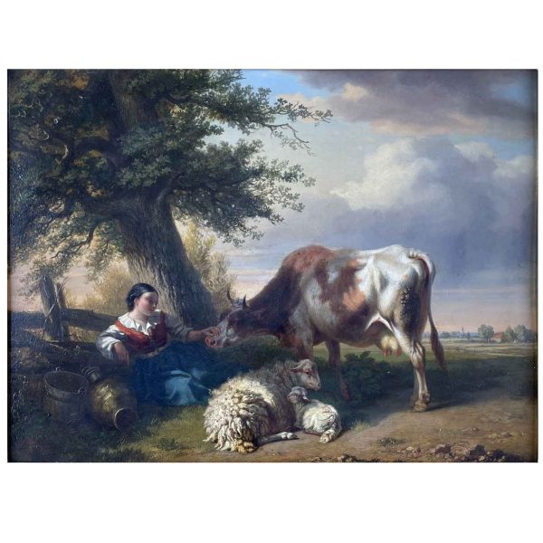 Tschaggeny Flemish Landscape with Resting Shepherdess Cow and Sheep 1849