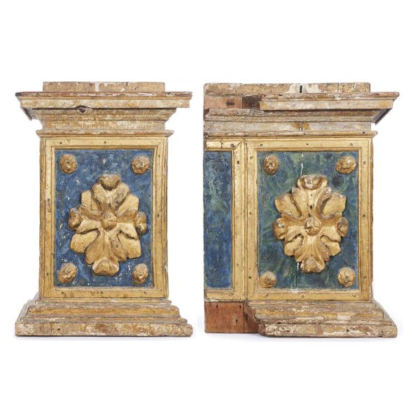 17th Century Italian Baroque Architectural Bases Pair of Carved Painted and Giltwood Elements