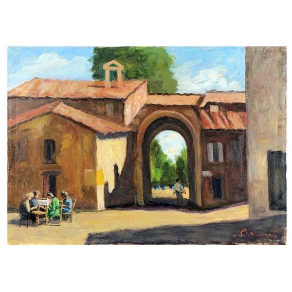 Italian Courtyard Scenery Painting by Annibale Scaroni 1970s