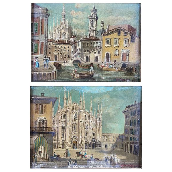 Italian Milan Cathedral Views Duomo Di Milano Set of two Paintings 1950 circa