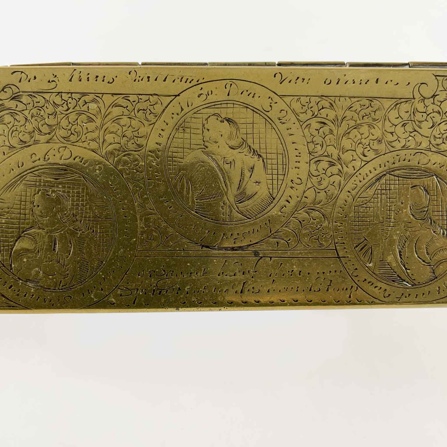 Antique Dutch 18th Century Engraved Brass with Copper Tobacco Box