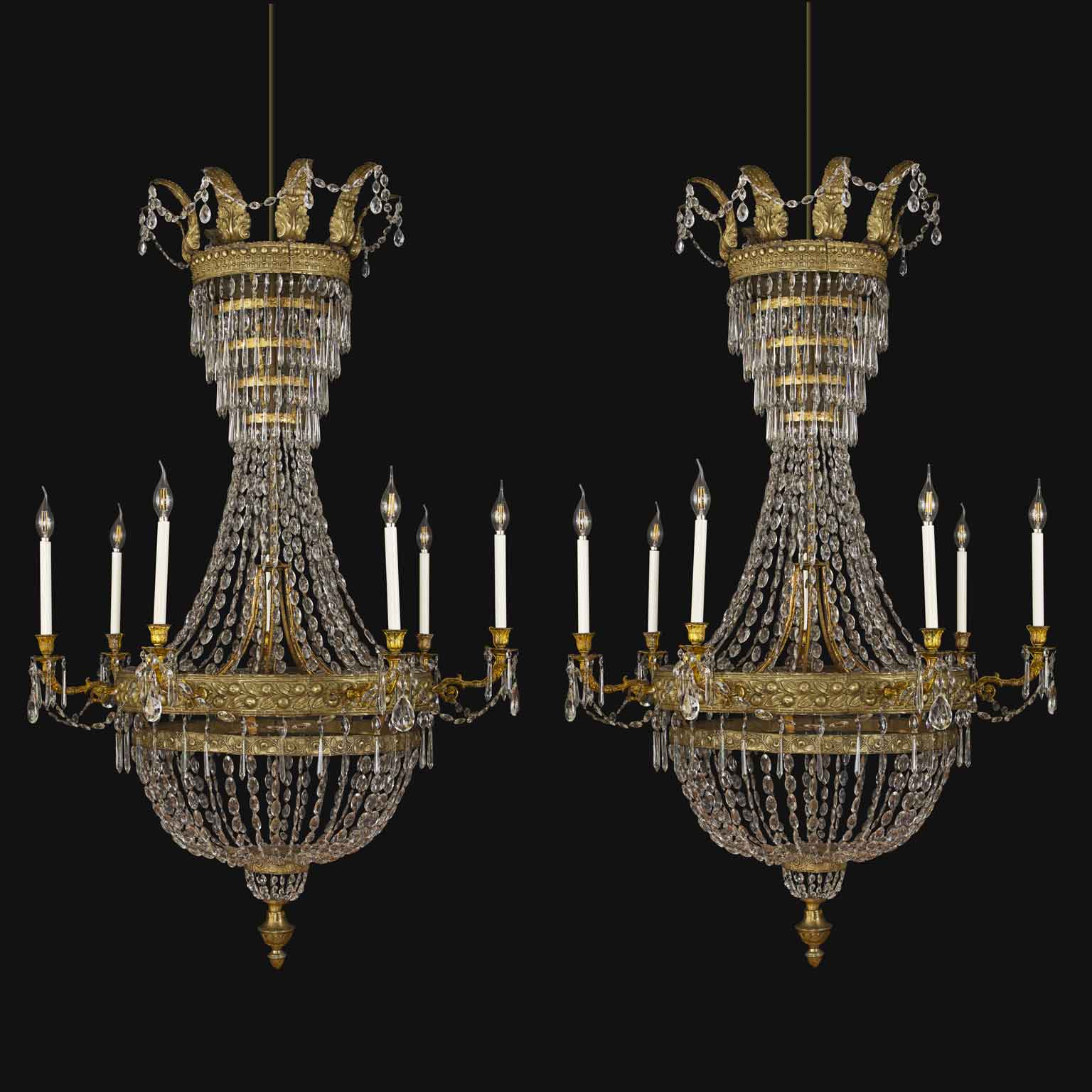 coppia di grandi lampadari impero in cristallo 1700 a