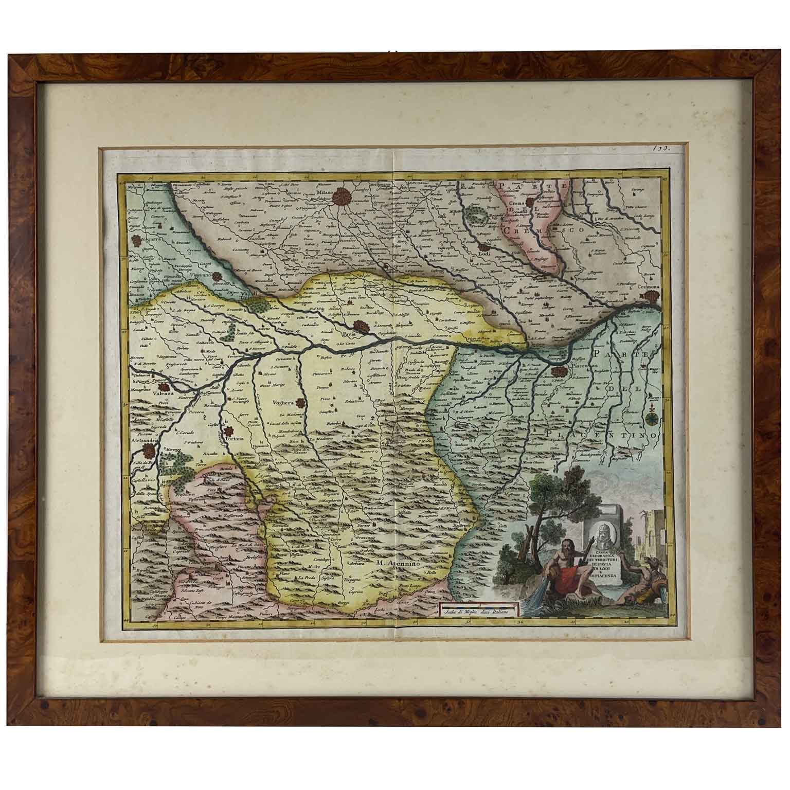 stampa antica con carta geografica dei territori di apvia di lodi e di piacenza 1750 a