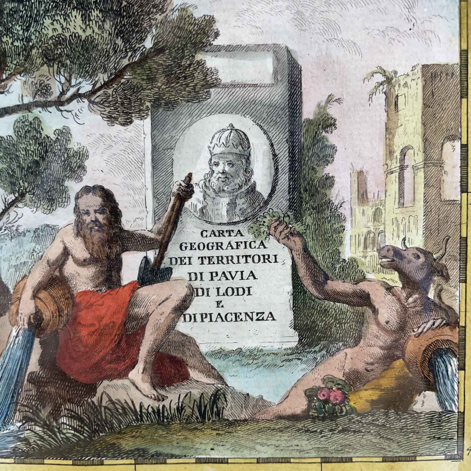 stampa antica con carta geografica dei territori di apvia di lodi e di piacenza 1750 b