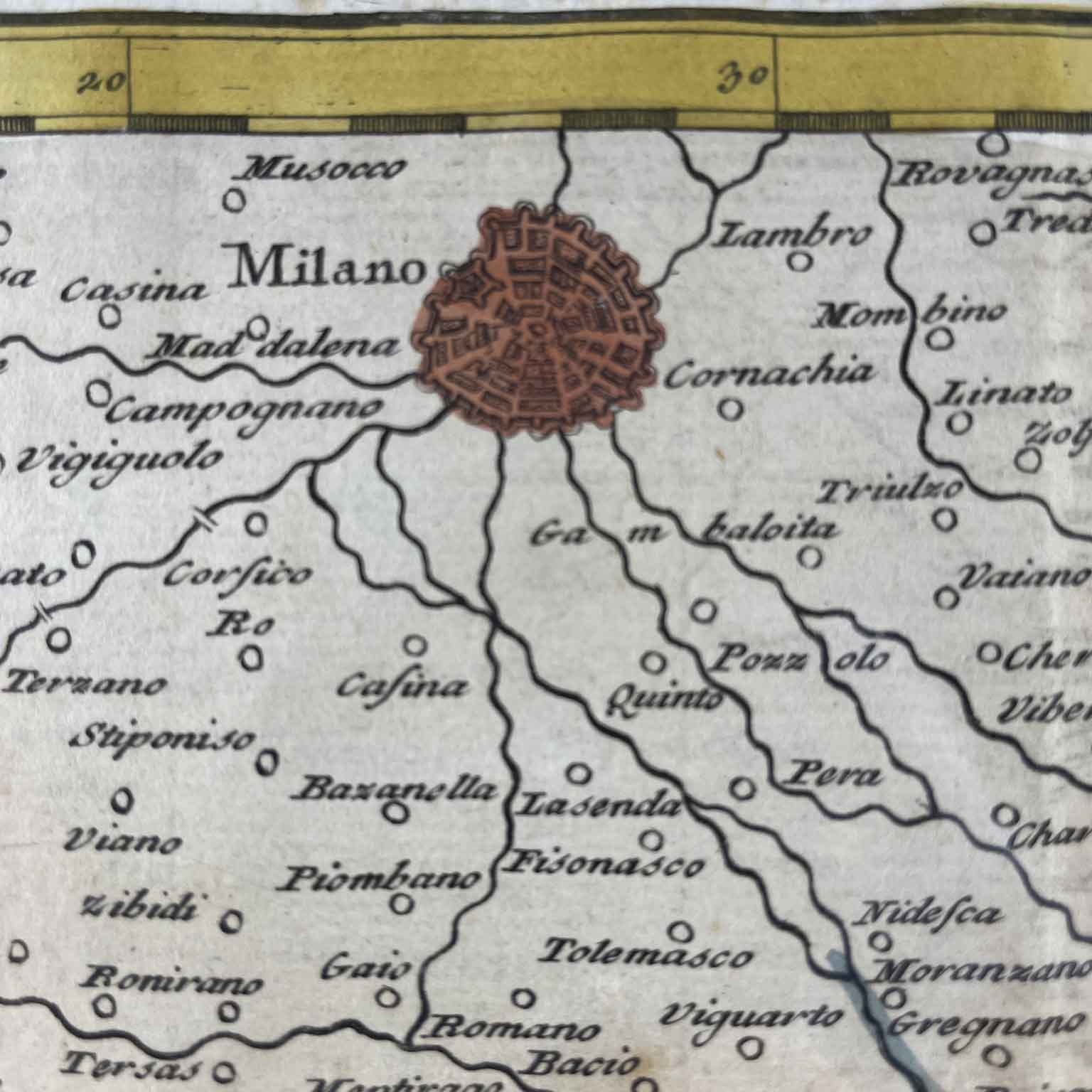 stampa antica con carta geografica dei territori di apvia di lodi e di piacenza 1750 d