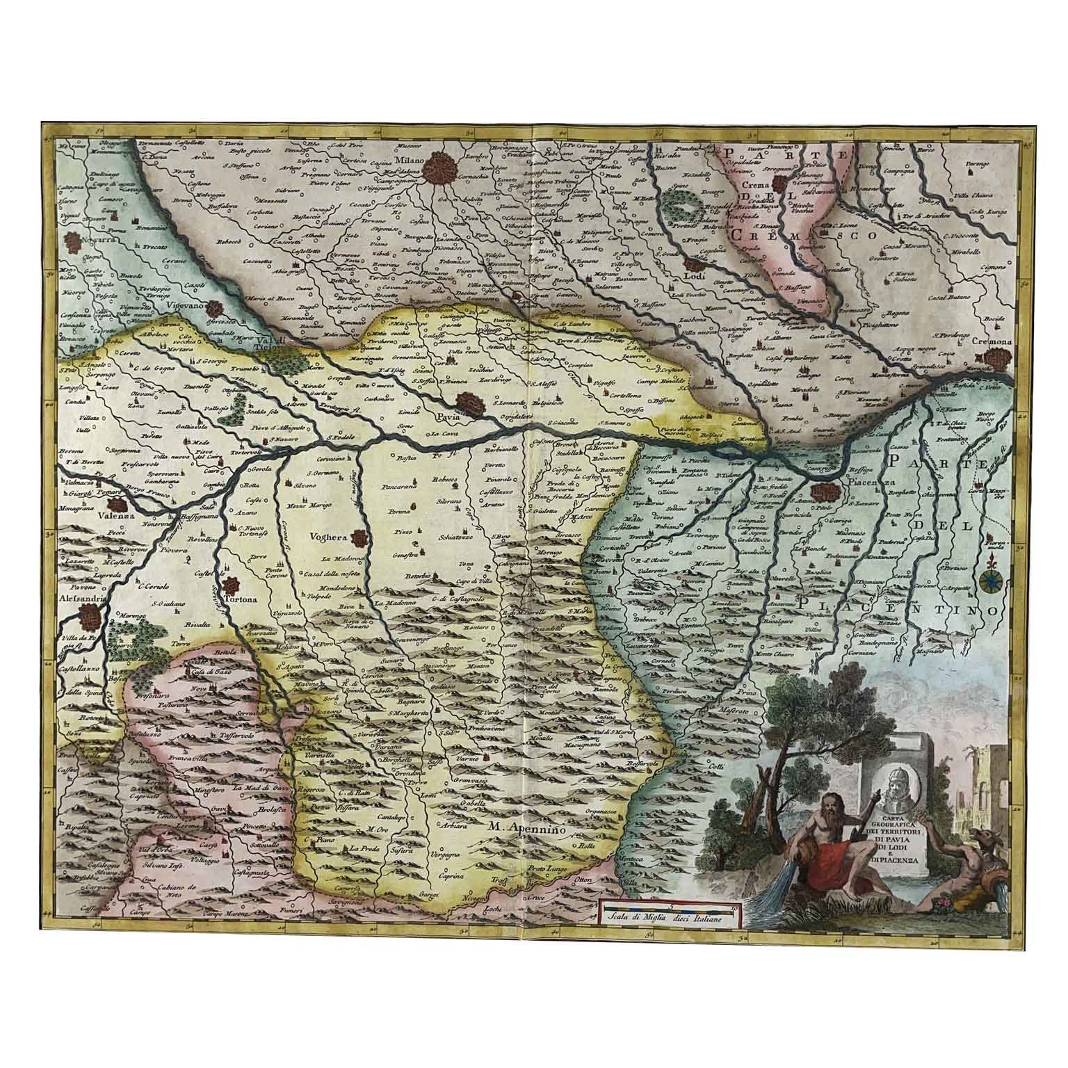 stampa antica con carta geografica dei territori di apvia di lodi e di piacenza 1750