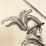 incisione antica con soldato del 1600 a