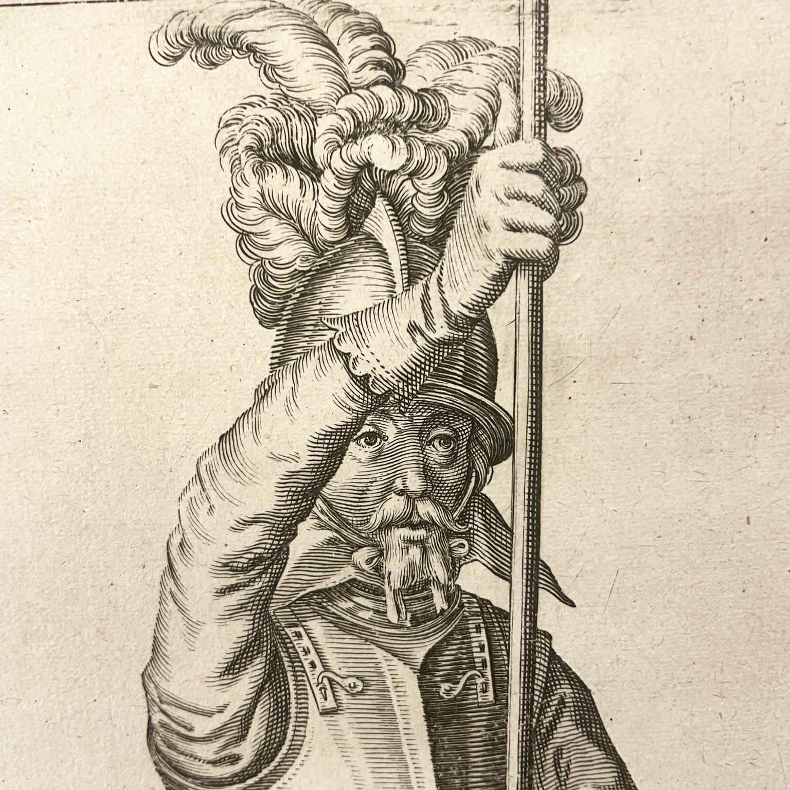 stampa antica con soldato del 1600 a