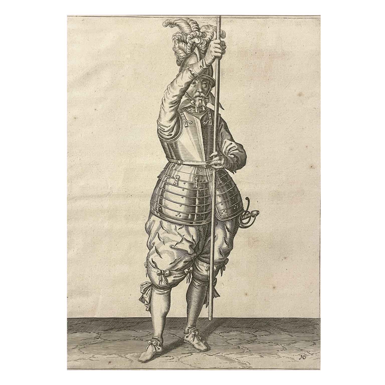stampa antica con soldato del 1600
