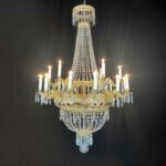 grande lampadario impero fine 1700 a 18 luci in cristallo e ottone dorato a
