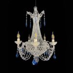 lampadario con perline trasparenti e cristalli azzurri a