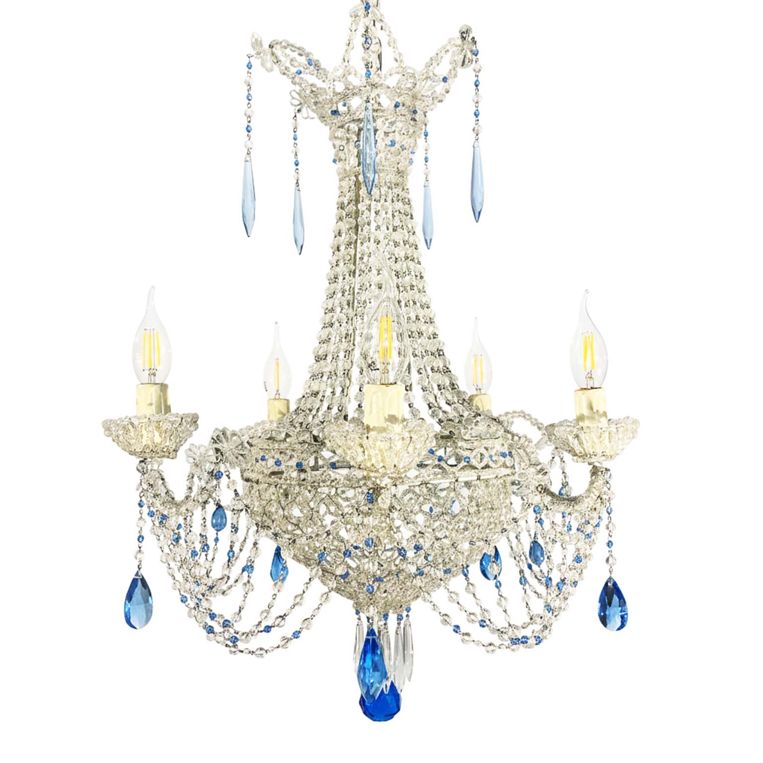 lampadario con perline trasparenti e cristalli azzurri f