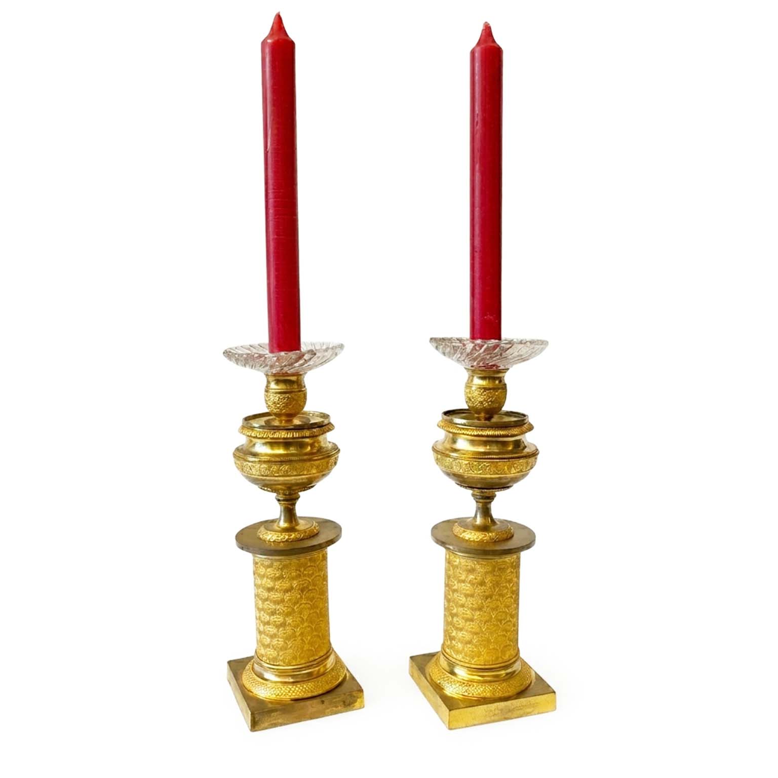 coppia di candelieri impero in bronzo dorato