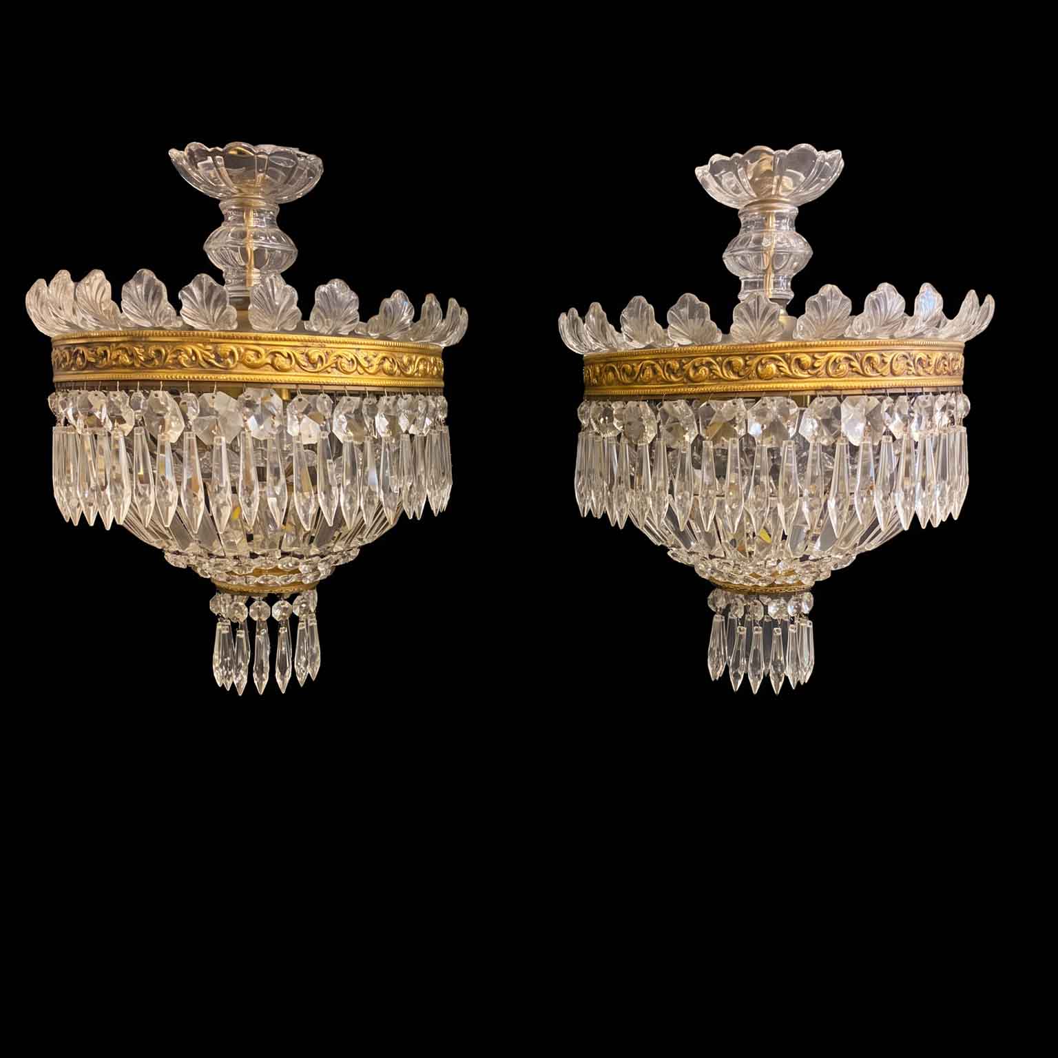 pendant di plafoniere in bronzo e cristallo a